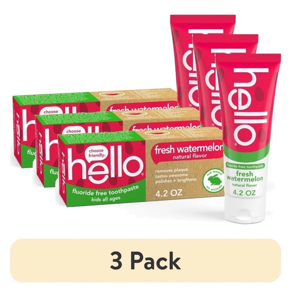 (3 pack) hello Fresh Watermelon Fluoride Free Kids Toothpaste, 4.2 Oz Tube